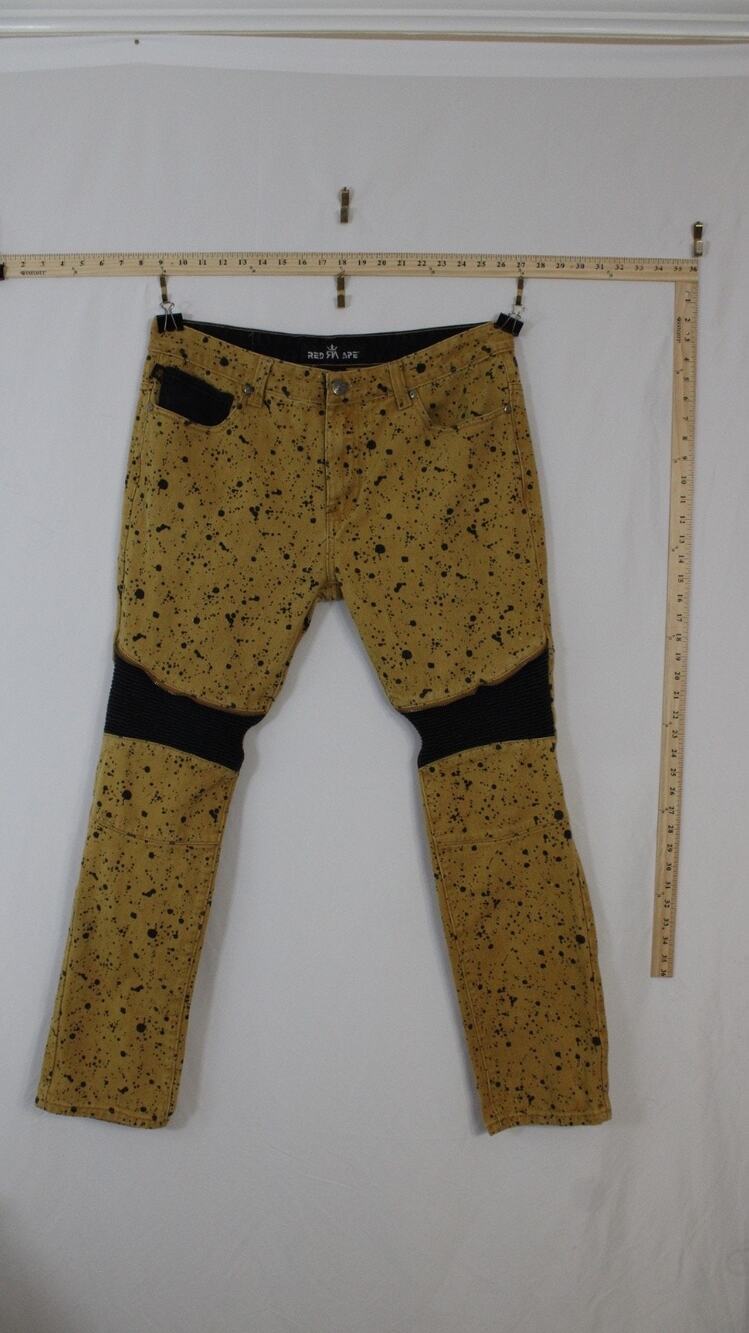 Red Ape Men 36 Tan Black Paint Splatter Moto Biker Ribbed Knee Denim Jeans Y2K